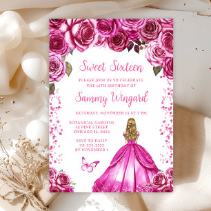 Invitation Fuchsia Rose Blonde Cheveux Princesse Sweet Seize