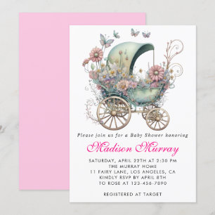 Invitation Fuchsia rose floral bébé poussette Baby Shower