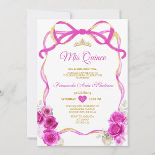 Invitation Fuchsia rose Floral Bow Ribbon Or Mis Quince
