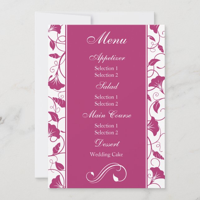 Invitation Fuchsia Rose Floral Mariage Réception Dîner Menu (Devant)