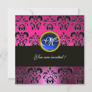 Invitation FUCHSIA ROSE NOIR DAMASK MONOGRAM, saphir bleu