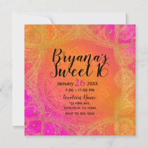 Invitation Fuchsia Rose Orange & Or Fête Indienne Mandala