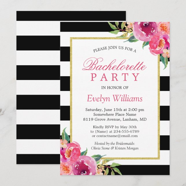 Invitation Fuchsia rose violet Fleur de Bachelorette (Devant / Derrière)