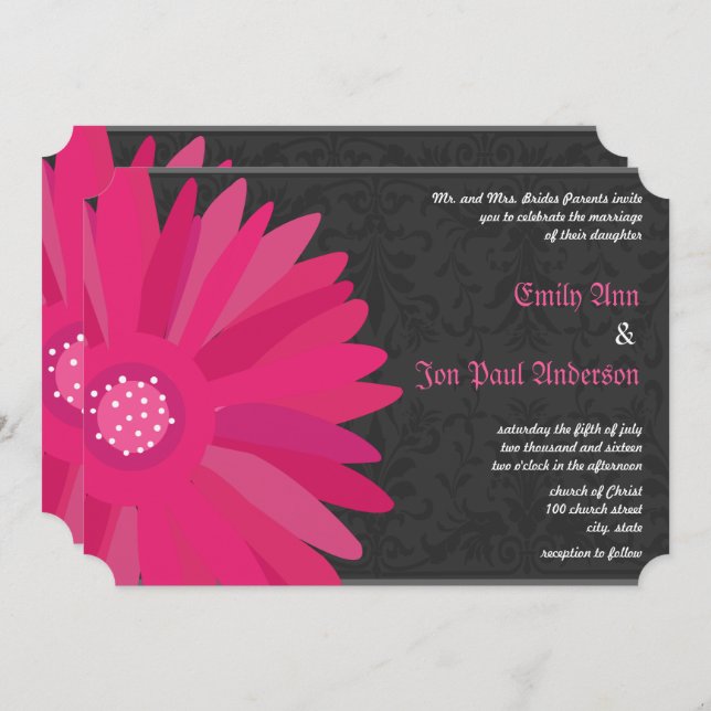Invitation Fuchsia Silver Metallic Gerber Daisy Mariage (Devant / Derrière)