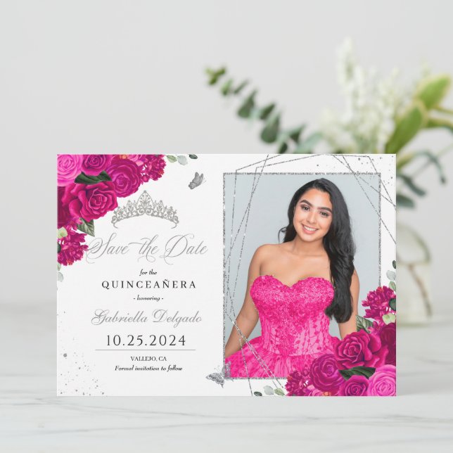 Invitation Fuchsia & Silver Quinceañera Enregistrer La Date P (Debout devant)
