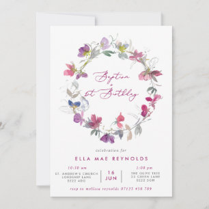 Invitation Fuchsia Sweet Pea Wreath Baptême & 1er Anniversair