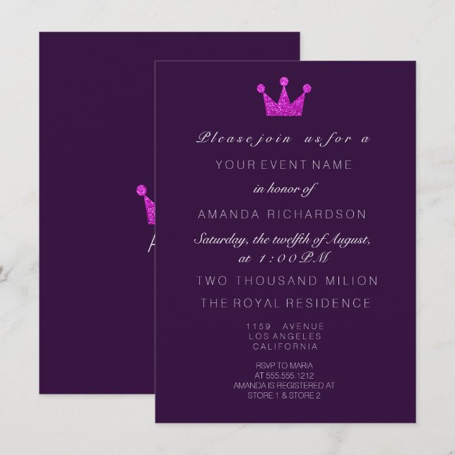 Invitation Fuchsia violet roseCouronne Parties scintillant ro (Devant / Derrière)