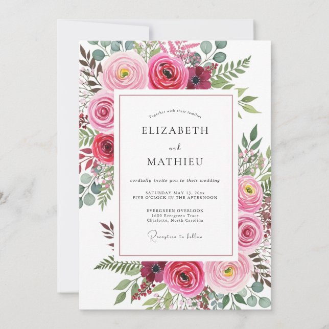 Invitation Fuchsia Vivid Watercolor Wedding (Devant)