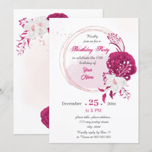 Invitation fuchsia & white fleoral wreath fête d'anniversaire