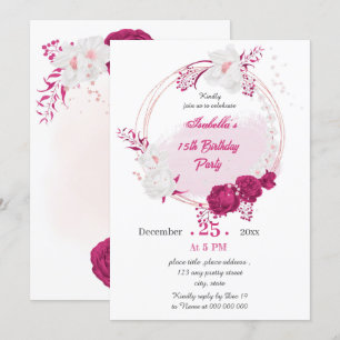 Invitation fuchsia & white fleoral wreath fête d'anniversaire