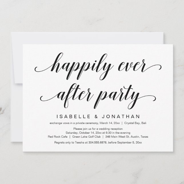 Invitation Fuite de mariage, élégant script noir chic (Devant)