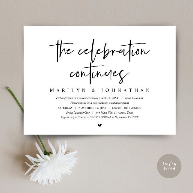 Invitation Fuite de mariage, la célébration moderne continue (Wedding Elopement, Modern celebration continues Invitation Card, PDF, in Black and White)