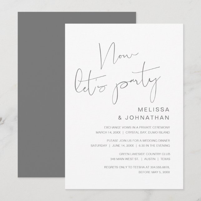 Invitation Fuite de mariage moderne, maintenant faisons la fê (Devant / Derrière)