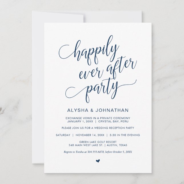 Invitation Fuite de mariage, simple et classe bleu marine, (Devant)