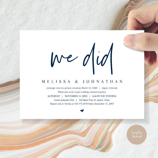 Invitation Fuite de noces, Moderne Minimaliste, nous avons fa (We Did, Wedding Elopement Dinner Invitation Card, PDF, Modern Minimalist, in Navy Blue)