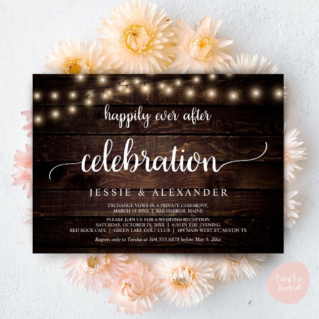 Invitation Fuite en Amoureux, Célébration de Bonheur Éternel (Wedding Elopement, Happily Ever After Celebration Invitation Card, PDF, String Lights, Dark Wood)