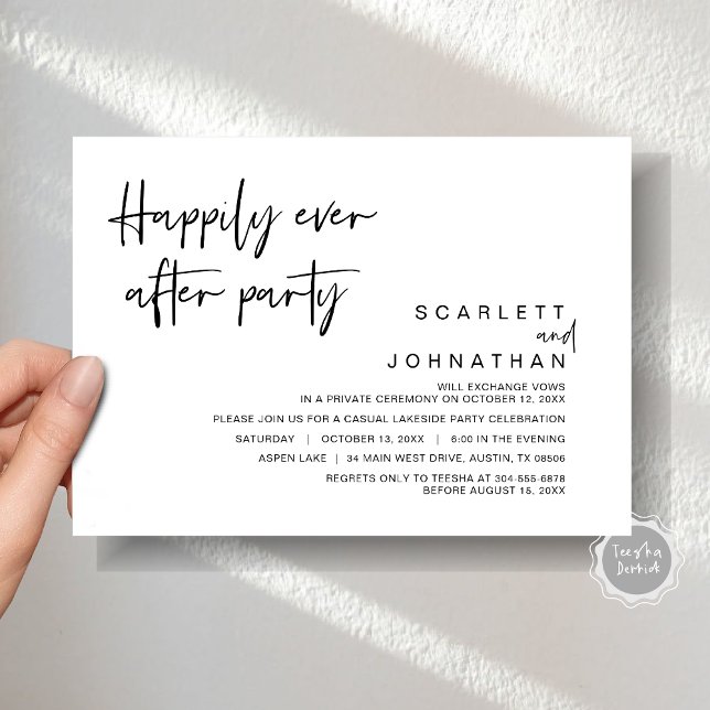 Invitation Fuite en Amoureux, Fête de Bonheur Éternel (Wedding Elopement, Happily Ever After Party Invitation Card, Printed file, Modern minimalist script)