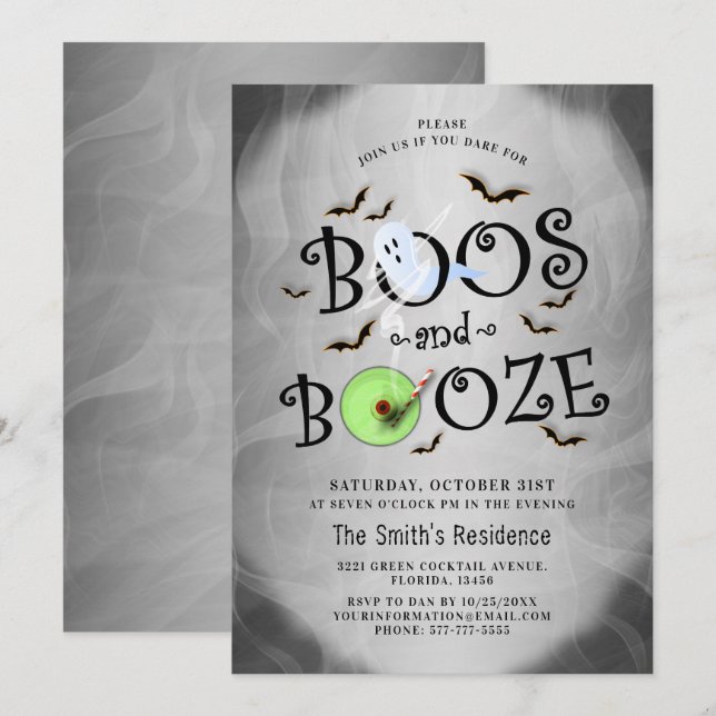 Invitation Fumé Grey Boos & Booze Halloween Party (Devant / Derrière)