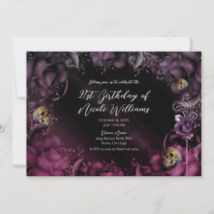 Invitation Fumé violet rose roses et crânes fête d'anniversai