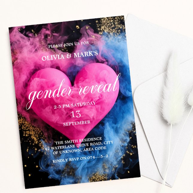 Invitation Fumée bleue et rose Coeur bébé Fumée Genre Reveal  (Créateur téléchargé)
