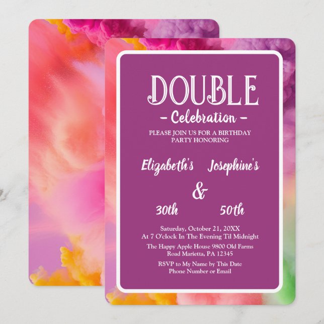 Invitation Fumée colorée Double Jumelle Anniversaire Célébrat (Devant / Derrière)