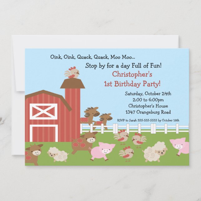 Invitation Fun Animaux de la grange fête d'anniversaire (Devant)