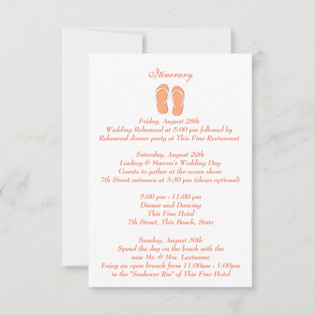 Invitation Fun Beach Flip Flops Orange Wedding Intinerary (Devant)