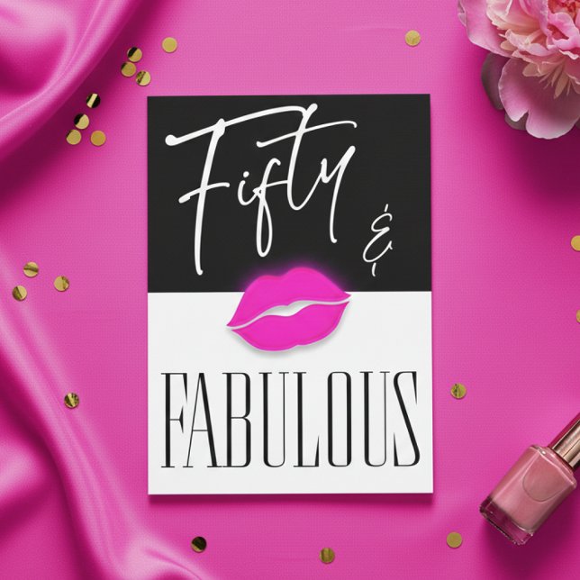 Invitation Fun Black White Fifty Fabulous Pink Lips Birthday (Créateur téléchargé)