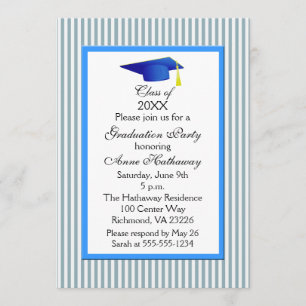 Invitation Fun Blue and White Stripe Gradupe Party