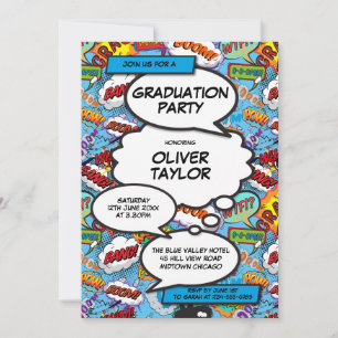 Invitation Fun Blue Comic Book de la fête de graduation moder