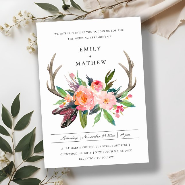 INVITATION FUN BOHO BLANC BLUSH ANTLER MARIAGE CAMPAGNARD FLO (Créateur téléchargé)