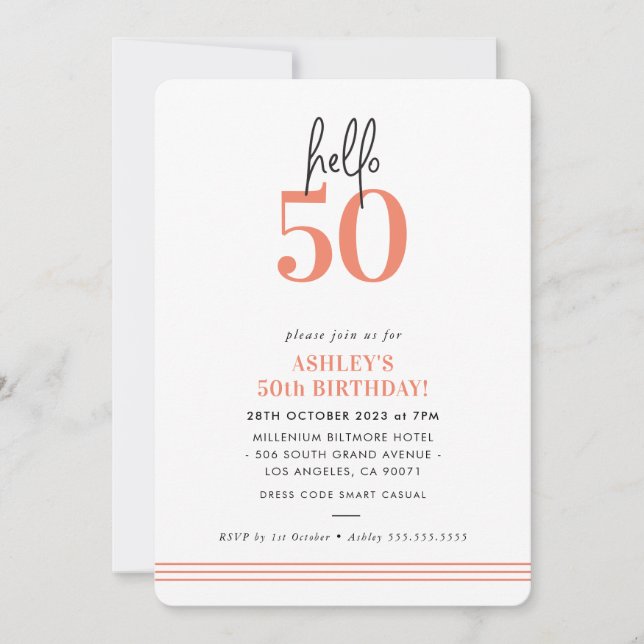 Invitation FUN Bonjour 50 moderne 50e anniversaire fête orang (Devant)