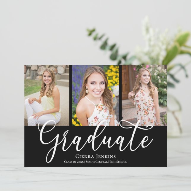 Invitation Fun Calligraphy Photo Black Graduation Party (Debout devant)