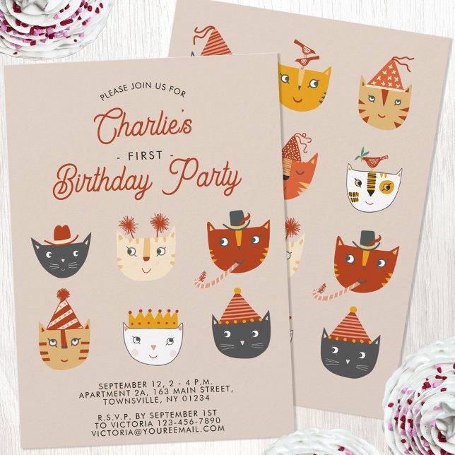 Invitation Fun Chat Personnalisé 1er Anniversaire Fête Invita (Personalized cute kitty cat first birthday party invitation)