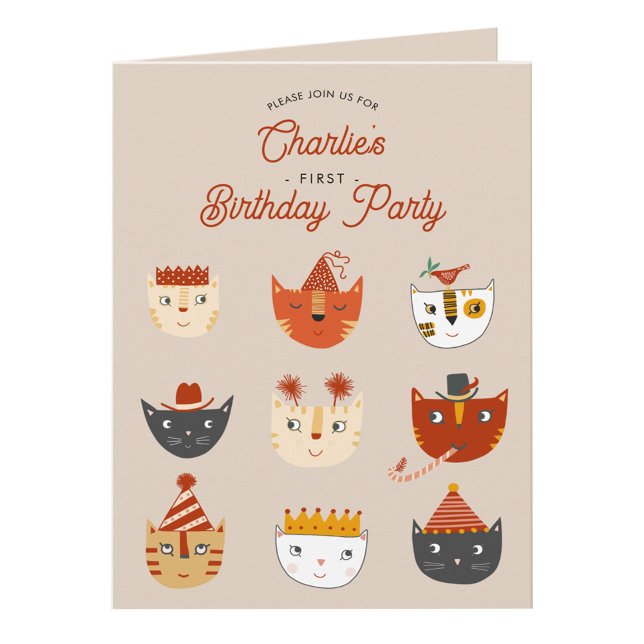 Invitation Fun Chat Personnalisé 1er Anniversaire Fête Invita (Cute kitty cat personalized first birthday party invitation)