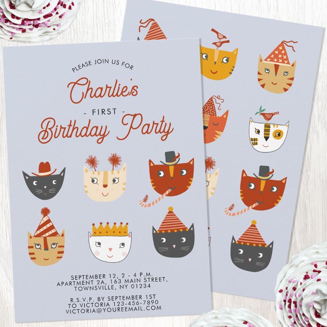 Invitation Fun Chat Personnalisé 1er Anniversaire Fête Invita (Personalized cute kitty cat first birthday party invitation)