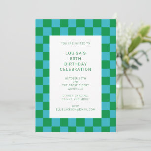 Invitation Fun Checkerboard bleu vert géométrique Anniversair