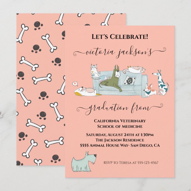 Invitation Fun Chiens & Chats Vétérinaire Diplôme d'école (Devant / Derrière)