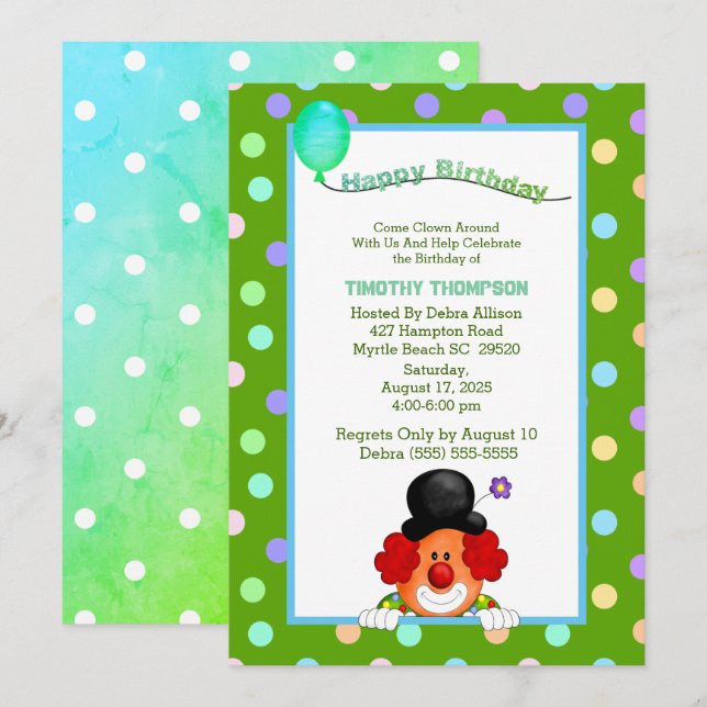Invitation Fun Clown coloré fête d'anniversaire (Devant / Derrière)