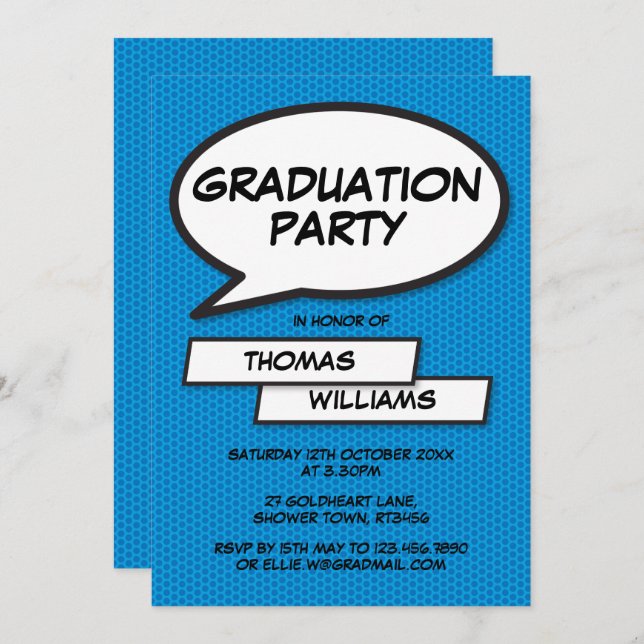 Invitation Fun Comic Book Blue Class of 2021 Graduation Party (Devant / Derrière)