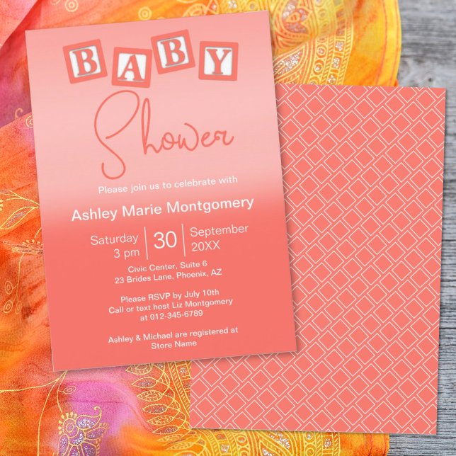 Invitation Fun Coral Ombre BABY Blocks Genre Neutre Douche (Créateur téléchargé)