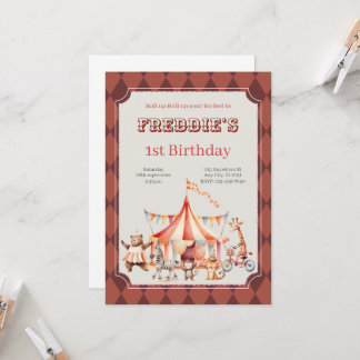 Invitation Fun Cute Red and Burgundy Circus Kids Birthday