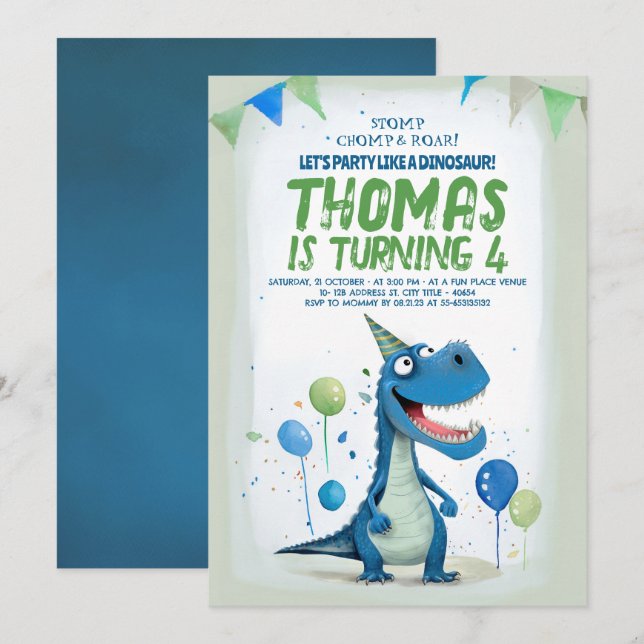 Invitation Fun Dinosaur Bleu et Vert Anniversaire (Devant / Derrière)
