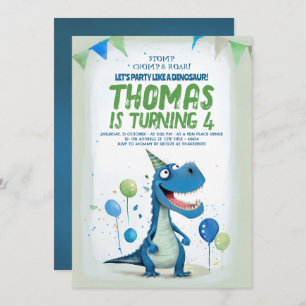Invitation Fun Dinosaur Bleu et Vert Anniversaire
