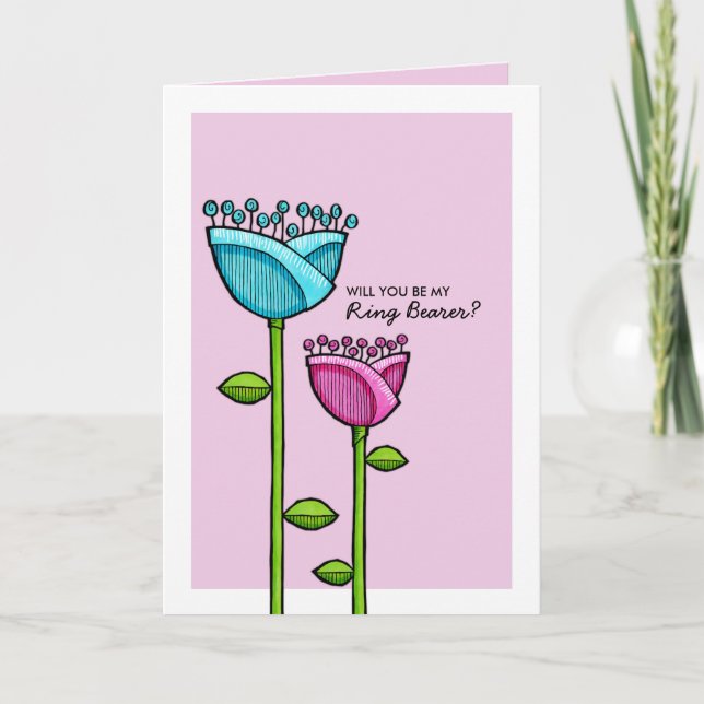 Invitation Fun Doodle Flowers rose bleu Be My Ring Bearer (Devant)