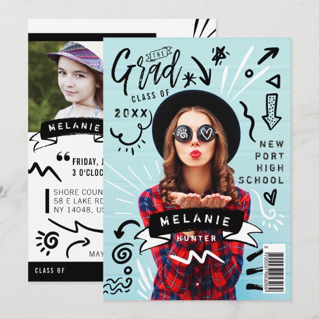 Invitation Fun Doodle Sketch Magazine Couverture Girl Grad Pa (Devant / Derrière)