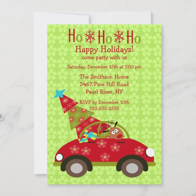 Invitation Fun Driving Reindeer avec Tree Holiday Party (Devant)