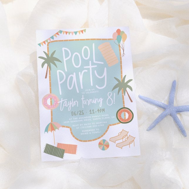 Invitation Fun été tiré à la main Fun Custom Pool Party Anniv (Créateur téléchargé)