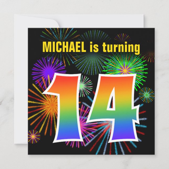 Invitation Fun Fireworks + Rainbow Motif "14" Anniversaire # (Devant)