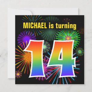 Invitation Fun Fireworks + Rainbow Motif "14" Anniversaire #